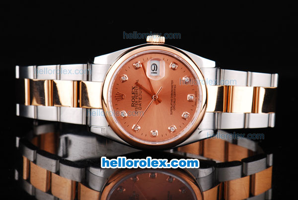 Rolex Datejust Oyster Perpetual Chronometer Automatic with Rose Gold Dial and Rose Gold Bezel --Diamond Marking-Small Calendar-two tone strap - Click Image to Close